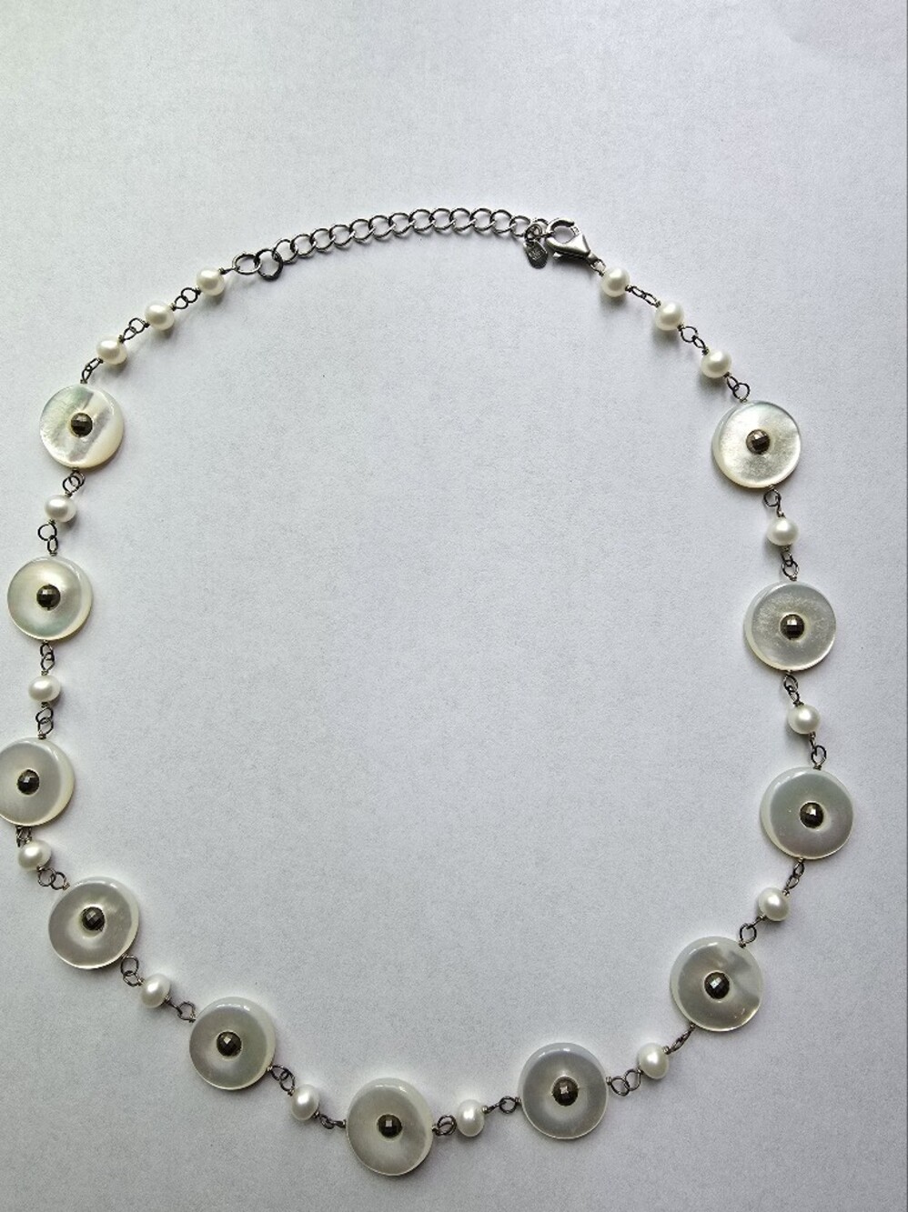 Vintage Pearl Disc Link Necklace 925 Silver